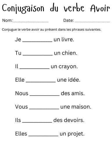 Conjugaison du verbe Avoir - verb avoir in french worksheet