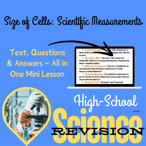 Cell Sizes: Microscopic World Explored for GCSE Biology Students 12+ (Notes, Worksheet & Answers)