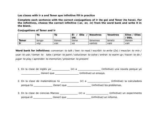 Las clases with Ir a and Tener que infinitive fill in practice