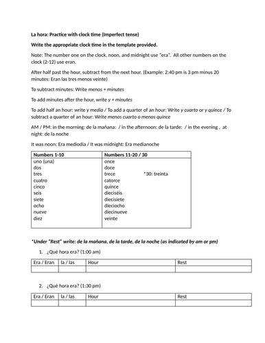 La hora: Practice with clock time (Imperfect tense)