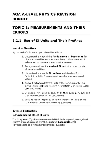 MEASUREMENTS AND THEIR ERRORS - Complete Lesson Bundle for AQA A-Level Physics