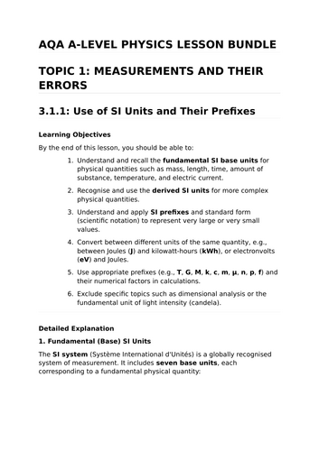 MEASUREMENTS AND THEIR ERRORS - Complete Lesson Bundle for AQA A-Level Physics