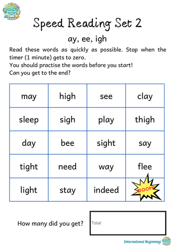 PHONICS  - Speed Reading Booklet - SET 2 (ay, ee, igh) - International Beginnings