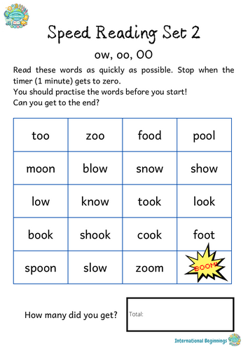 PHONICS - Speed Reading Booklet - SET 2 (ow, oo, OO) - International Beginnings