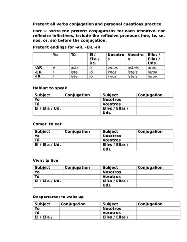 Preterit all verbs conjugation and personal questions practice