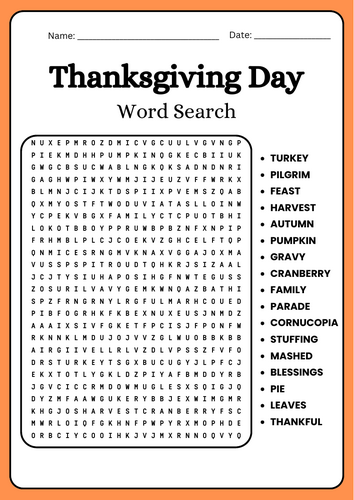 Thanksgiving Day Word Search Puzzle Worksheet Activity