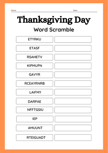 Thanksgiving Day Word Scramble Puzzle Worksheet Activity