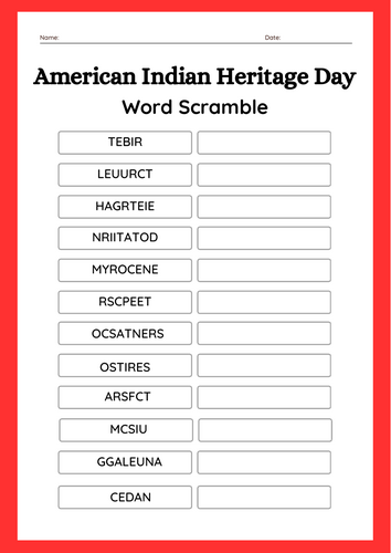 American Indian Heritage Day Word Scramble Puzzle Worksheet Activity