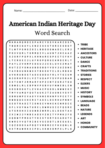 American Indian Heritage Day Word Search Puzzle Worksheet Activity