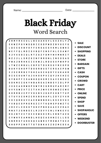 Black Friday Word Search Puzzle Worksheet Activity