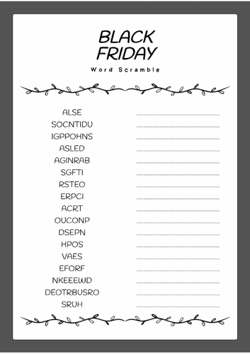 Black Friday Word Scramble Puzzle Worksheet Activity