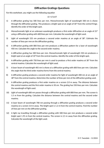 Diffraction Gratings Calculation Qs