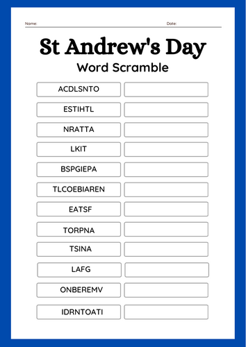 St Andrew's Day Word Scramble Puzzle Worksheet Activity