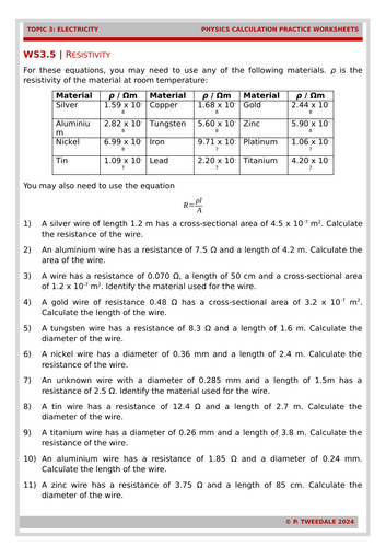Electricity: Resistivity Calculations