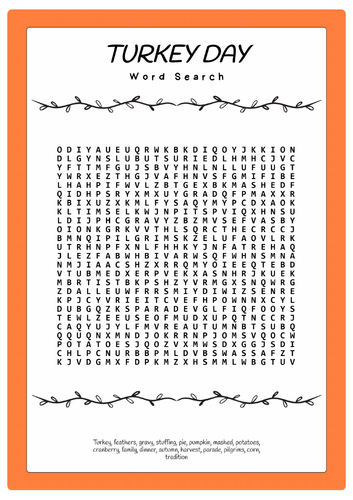 Turkey Day Word Search Puzzle Worksheet Activity