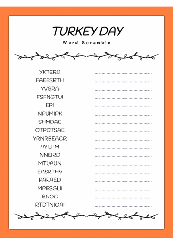 Turkey Day Word Scramble Puzzle Worksheet Activity