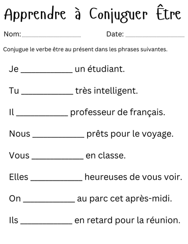 Apprendre à Conjuguer Être - beginner french verb etre worksheets