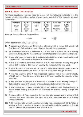 Electricity: Mean Drift Velocity Calculations
