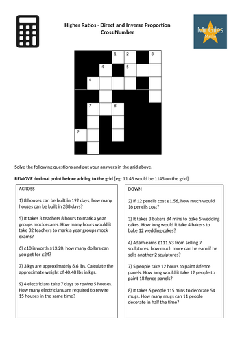 Higher Ratios - Direct and Inverse Proportion Cross Number