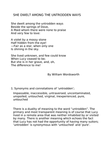 Vocabulary and Terms ; GCSE ENGLISH LITERATURE: "SHE DWELT AMONG THE UNTRODDEN WAYS"