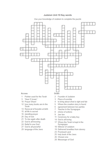 Judaism Revision Crossword