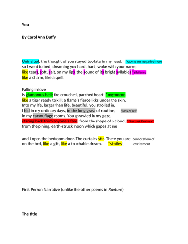 CAROL ANN DUFFY "You" an A LEVEL ENGLISH LITERATURE analysis