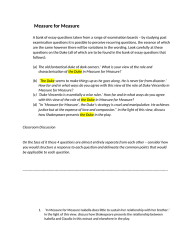 A LEVEL ENGLISH LITERATURE exam questions "Measure for Measure"