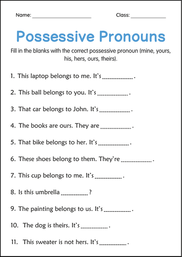 Possessive Pronouns Grammar Activity Worksheets for Grade 2, 3, 4