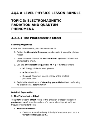 ELECTROMAGNETIC RADIATION & QUANTUM PHENOMENA - Complete Lesson Bundle for AQA A-Level Physics