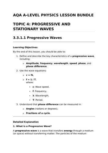 PROGRESSIVE AND STATIONARY WAVES - Complete Lesson Bundle for AQA A-Level Physics