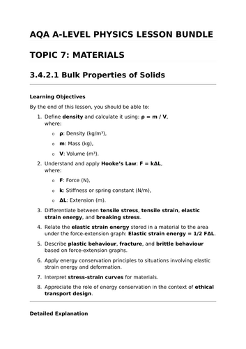 MATERIALS - Complete Lesson Bundle for AQA A-Level Physics