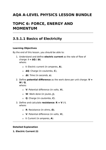 ELECTRICITY - Complete Lesson Bundle for AQA A-Level Physics