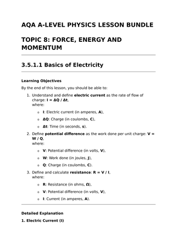 ELECTRICITY - Complete Lesson Bundle for AQA A-Level Physics