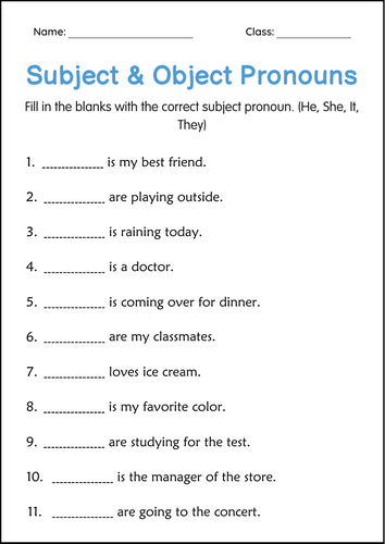 Grammar Subject and Object Pronouns Activity Worksheets for Grade 1, 2, 3