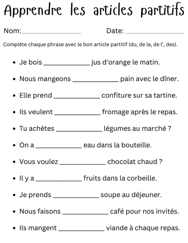 partitive articles in French exercises worksheet - les articles partitifs