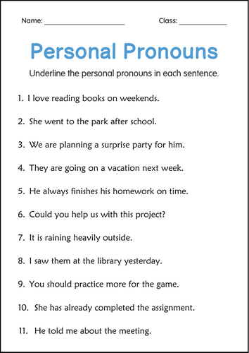 Personal Pronouns Activity Worksheets for Grade 2, 3, 4