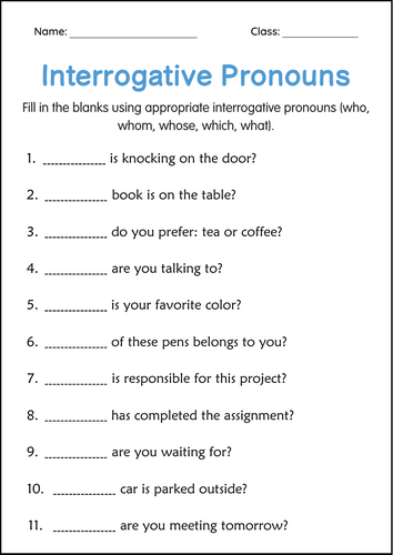 Interrogative Pronouns Grammar Activity Worksheets for Grade 1, 2, 3