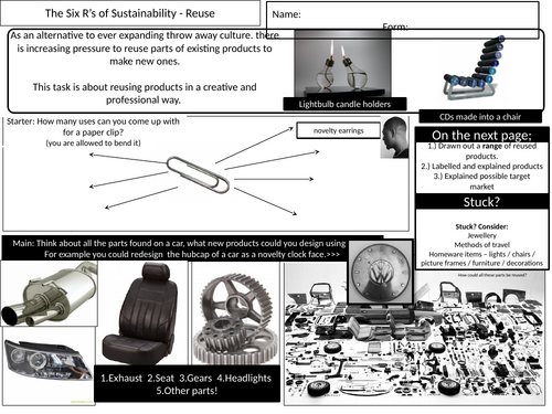 DT Design Technology cover quick print The 6 R's of sustainability Reduce  Repair  Reuse  Refuse