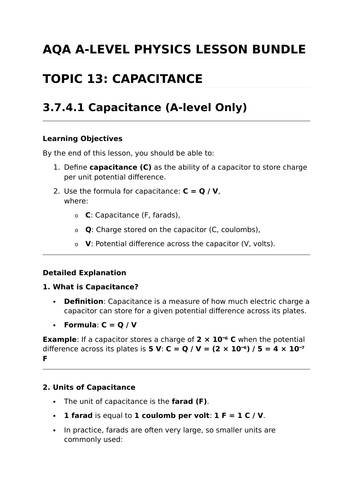 CAPACITANCE - Complete Lesson Bundle for AQA A-Level Physics