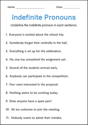 Indefinite Pronouns Grammar Worksheet for Grade 1, 2, 3