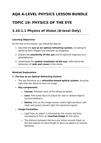 PHYSICS OF THE EYE - Complete Lesson Bundle for AQA A-Level Physics