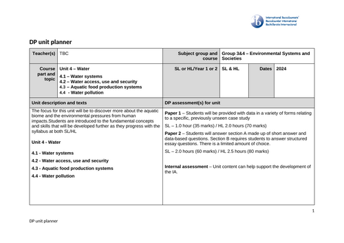 Environmental Systems and Societies (ESS) Unit Plan – Unit 4 Water - First Exam 2026