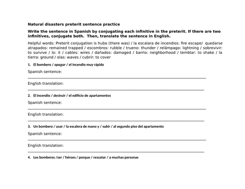 Natural disasters preterit sentence practice