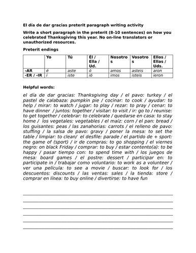 El día de dar gracias preterit paragraph writing activity