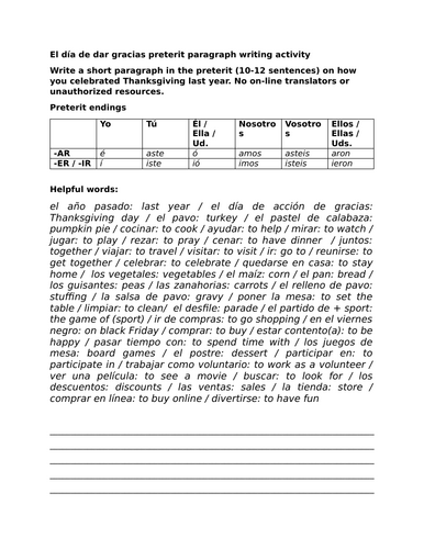 El día de dar gracias preterit paragraph writing activity