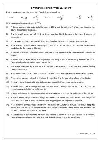 Electrical Work and Power Qs