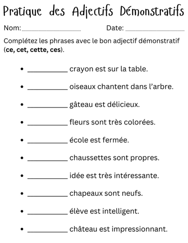 Pratique des Adjectifs Démonstratifs - ce cet cette ces demonstrative adjective