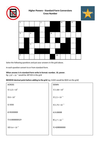 Higher Powers - Standard Form Conversions Cross Number
