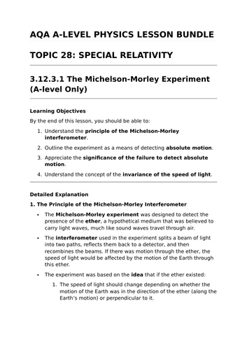 SPECIAL RELATIVITY - Complete Lesson Bundle for AQA A-Level Physics