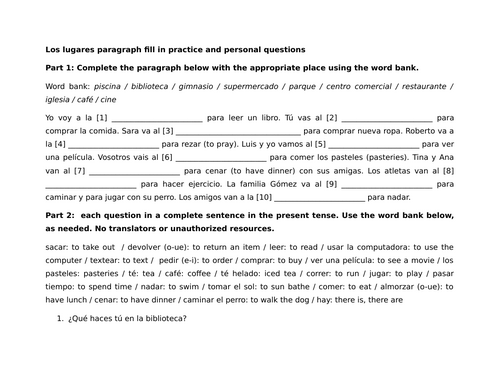 Los lugares paragraph fill in practice and personal questions